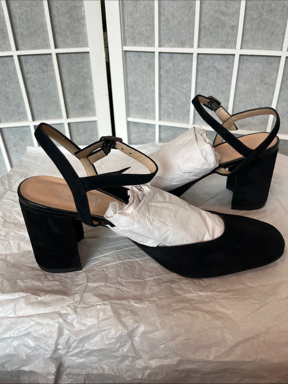 Franco Sarto Black Suede Square-Toe Slingback Heels